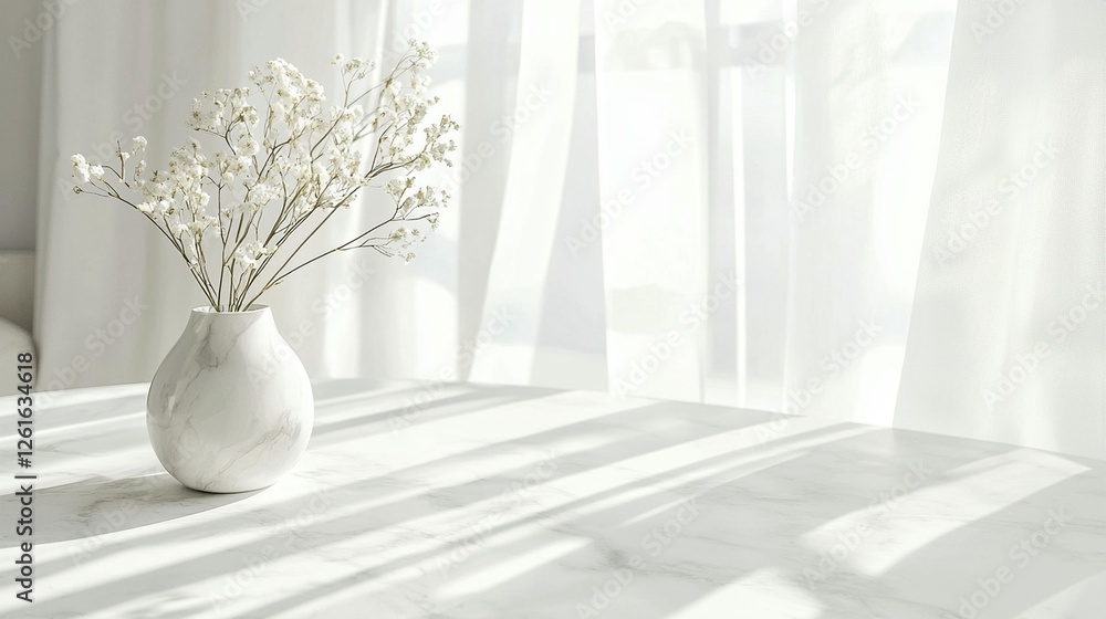 Delicate white flowers in a vase on a marble table by a window. Delicate white flowers in a vase on a marble table by a window.