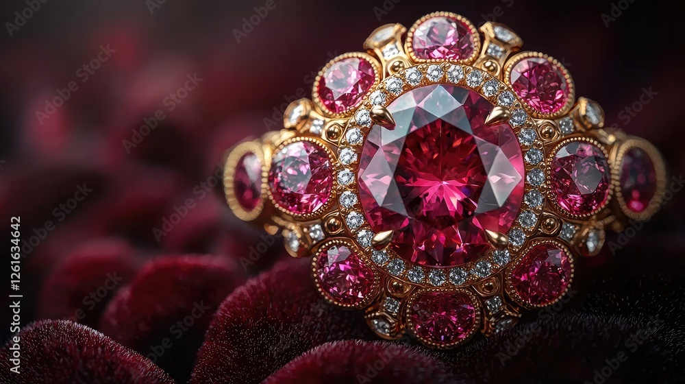 Fototapeta premium Exquisite vintage ring featuring a large central ruby surrounded by smaller pink gemstones on velvet