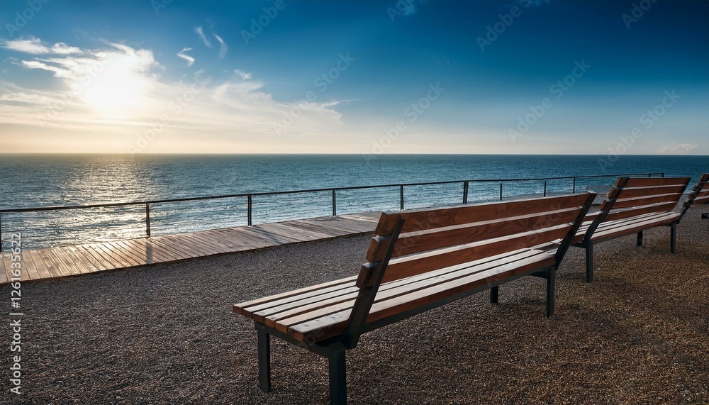 ベンチと海の背景イラスト。aiで生成	