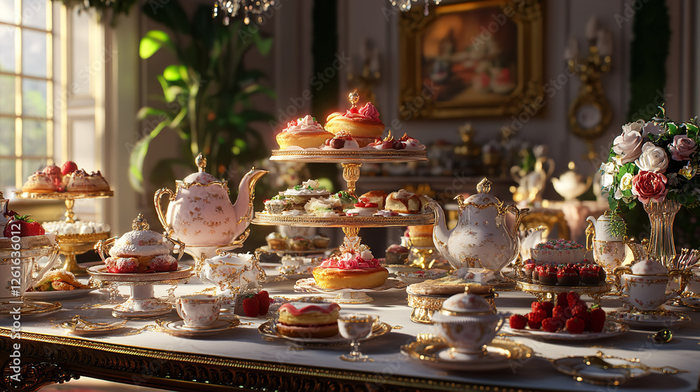 Elegant afternoon tea party setup in a luxurious palace setting with floral arrangements and pastries. Elegant afternoon tea party setup in a luxurious palace setting with floral arrangements and pastries.