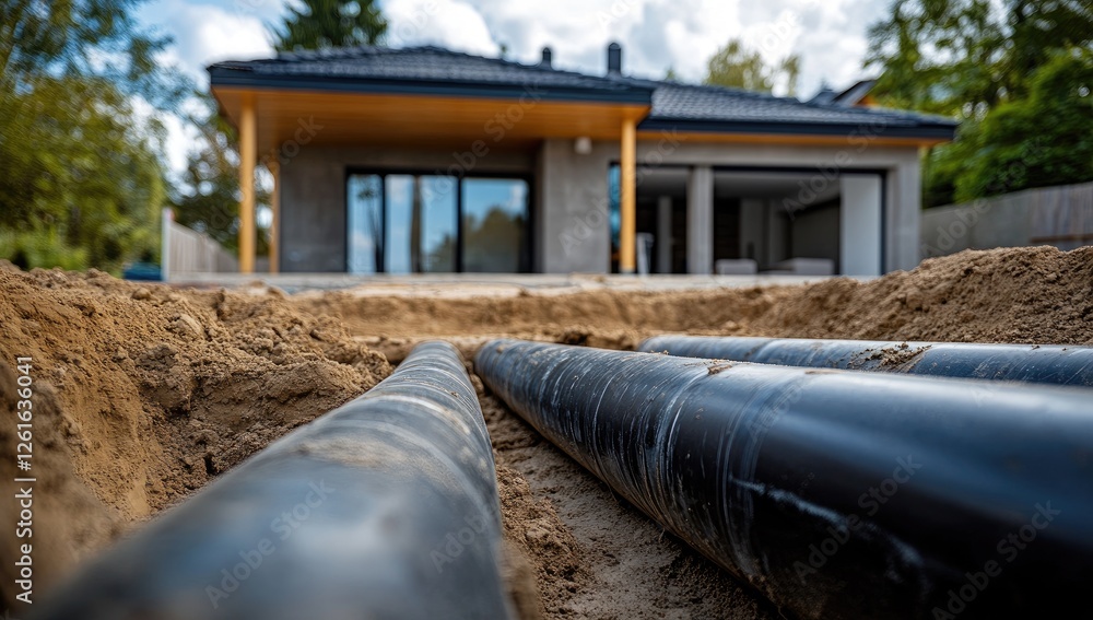 Utility pipes installation near modern house Utility pipes installation near modern house
