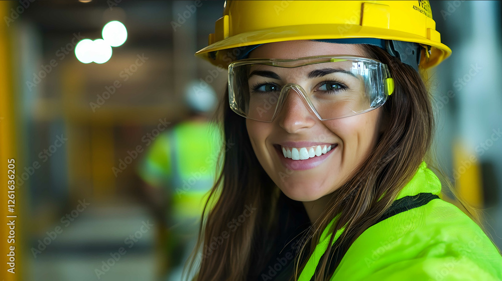 woman smiling ventilation fitter working with ventilation wearing yellow safety helmet and safety goggles no visible hands long shot woman smiling ventilation fitter working with ventilation wearing yellow safety helmet and safety goggles no visible hands long shot