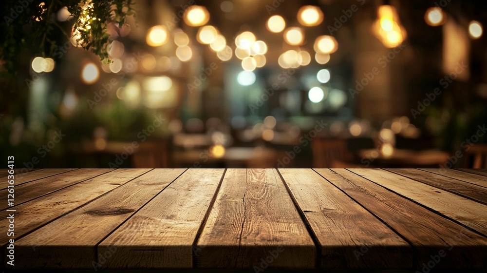 Empty wooden table in front of a blurred restaurant interior with warm lights. Empty wooden table in front of a blurred restaurant interior with warm lights.