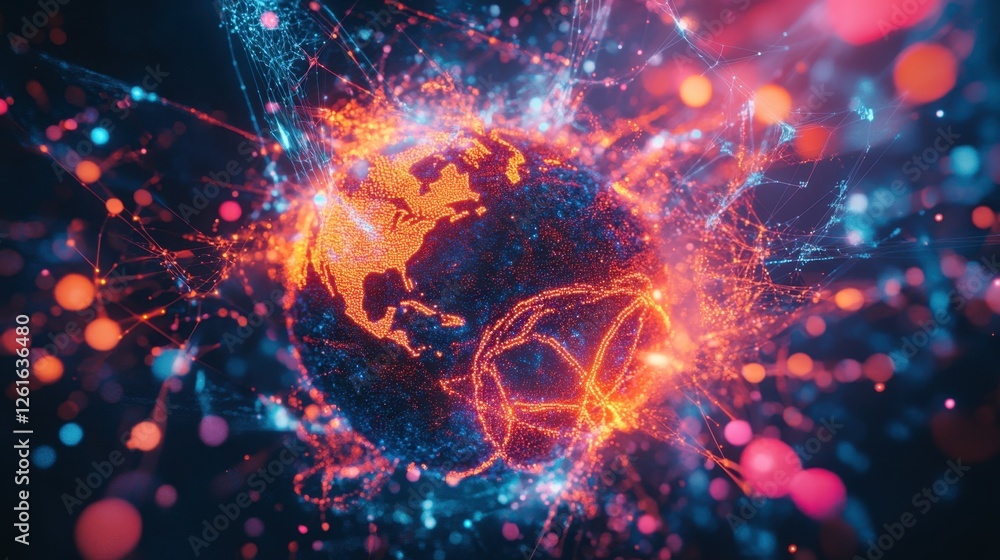 Neon-lit digital Earth with interconnected nodes and web-like connections symbolizing global networks.