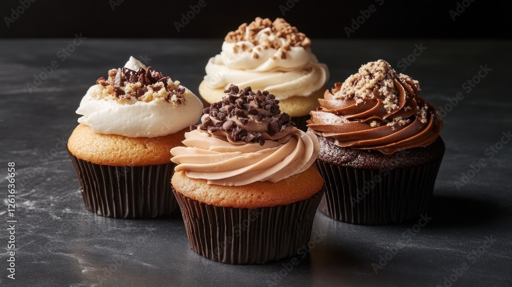 Four beautifully decorated cupcakes with various frosting and toppings on a dark surface. Four beautifully decorated cupcakes with various frosting and toppings on a dark surface.