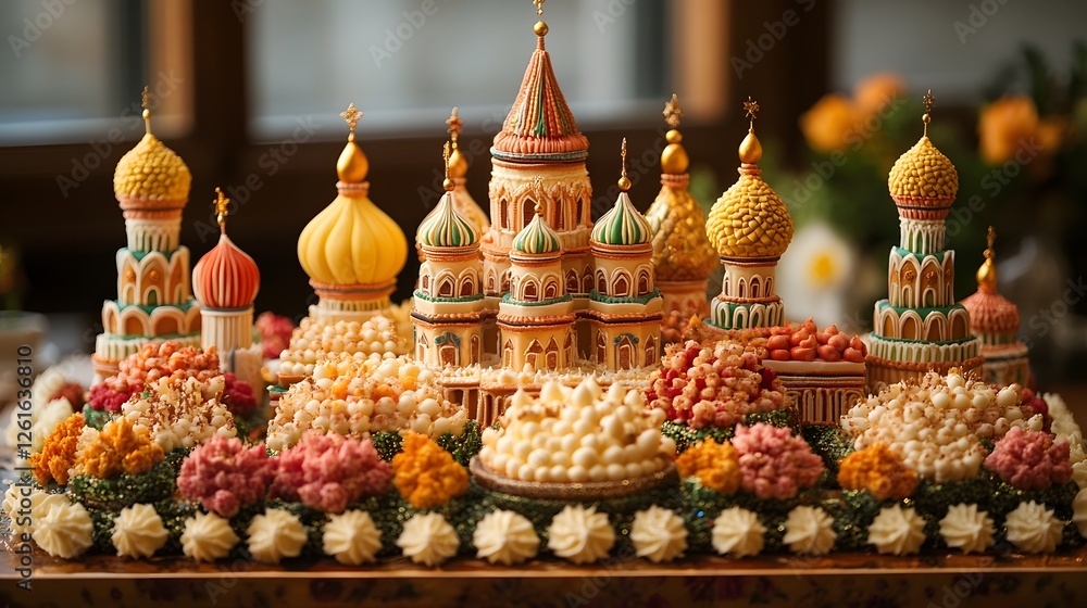 Obraz premium Elaborate confectionery castle creation with intricate icing and sugary detailing