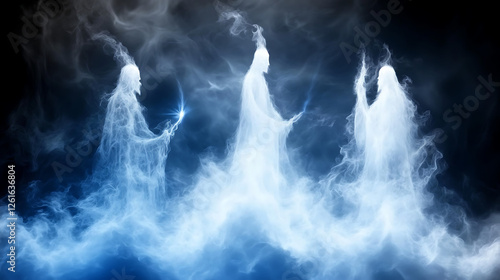 Ethereal Figures Enshrouded in Mystical Cloud Formations Radiating Celestial Light and Energy
