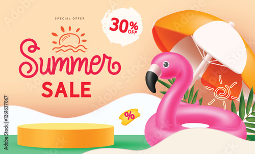 Summer sale text vector banner design. Summer special offer text with paper cut wave and beach elements for seasonal shopping sale advertisement. Vector illustration.

