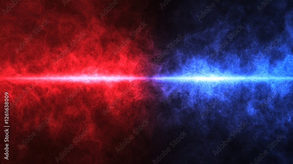 Fototapeta premium Red and blue lasers cross in an epic stage setup, their intensity amplified by swirling fog effects
