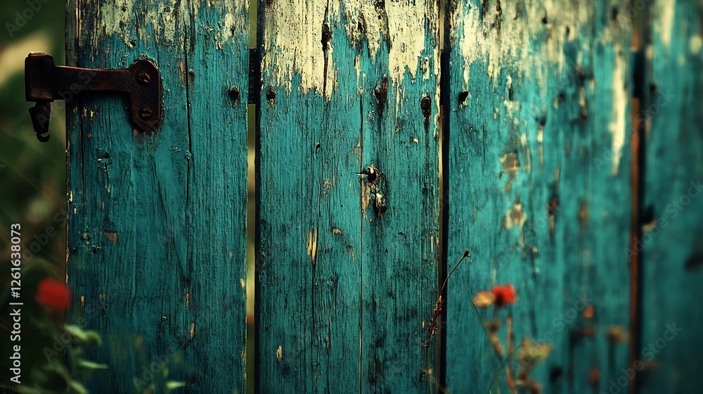 Rustic teal wooden gate subtly glows soft light revealing aged texture. AI Generated Rustic teal wooden gate subtly glows soft light revealing aged texture. AI Generated