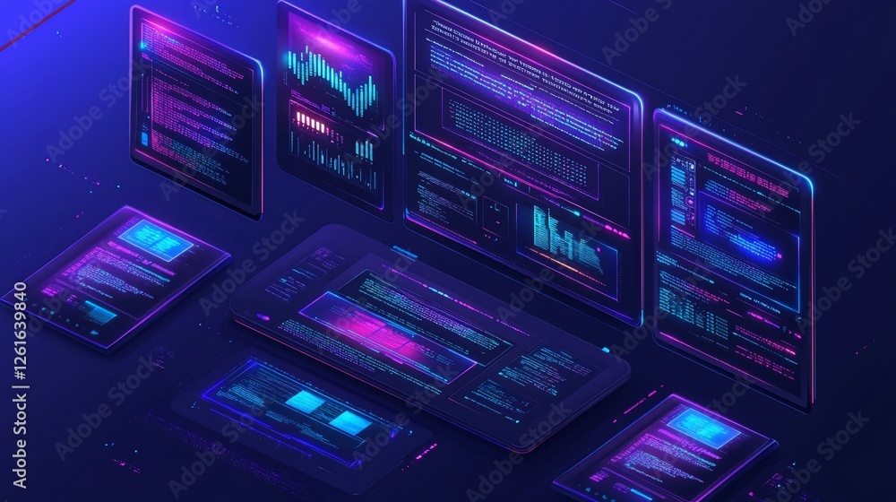 Futuristic digital displays showing data and graphs with neon illumination in a dark scene Futuristic digital displays showing data and graphs with neon illumination in a dark scene