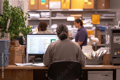 A manager in a post office reviews reports at their desk. Behind them, workers sort mail into different bins