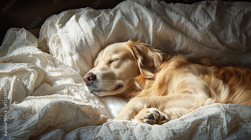 Obraz premium A small dog peacefully sleeping on a cozy bed with soft blankets and pillows in a bright room