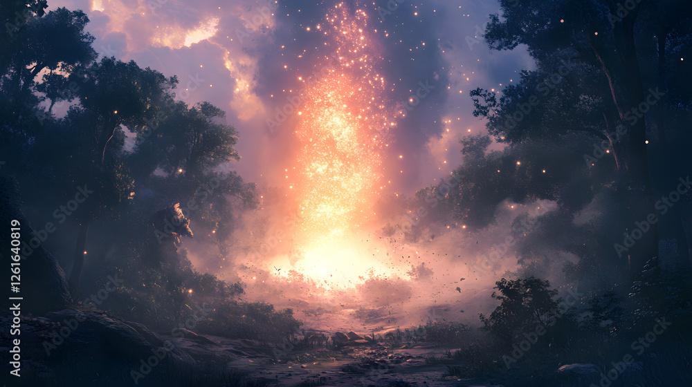 Naklejka premium Ethereal Forest Fire Mystical Night Scene with Glowing Particles