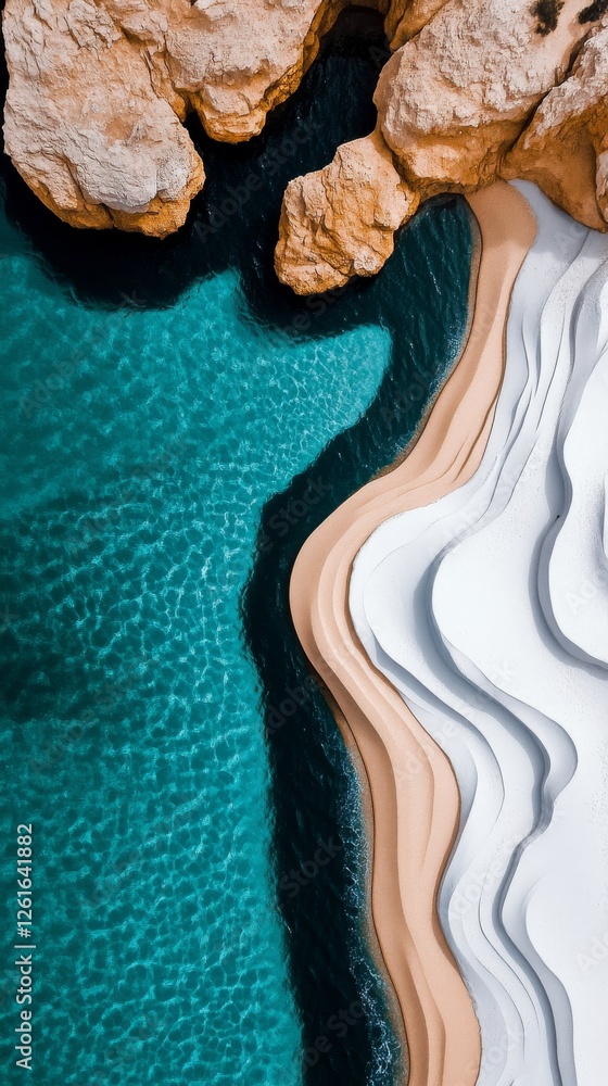 Obraz premium Aerial shot of a coastline with swirling patterns of white sand and turquoise water, creating a natural abstract design