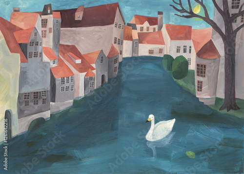 Fototapeta Naklejka Na Ścianę i Meble -  水彩絵の具で描いた水路のあるヨーロッパの街と白鳥のイラストレーション