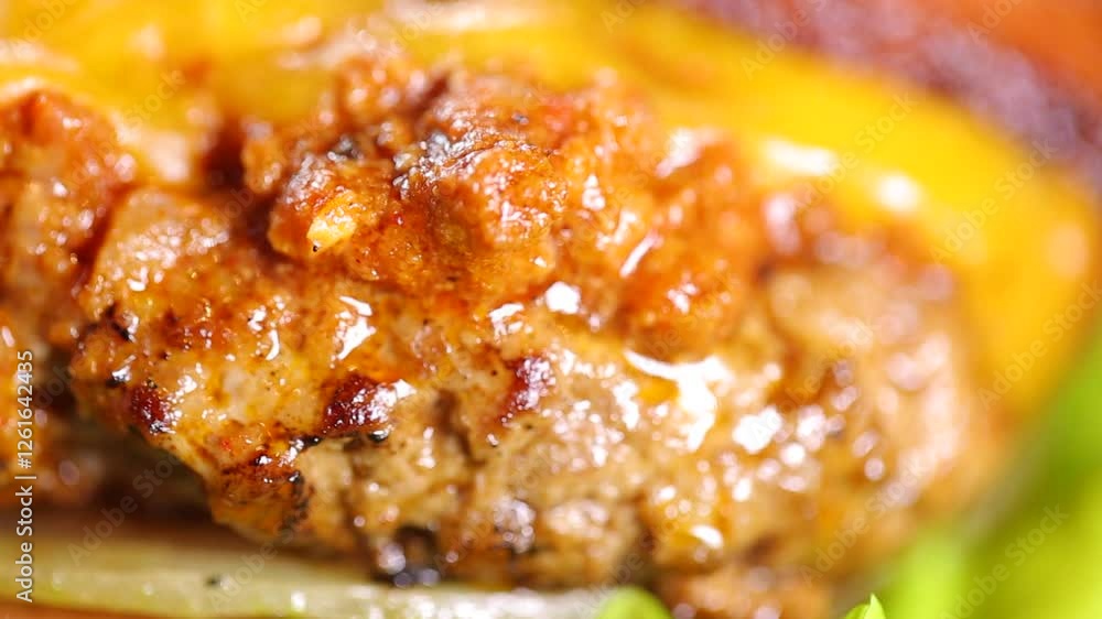 Juicy beef patty topped with melted cheese Juicy beef patty topped with melted cheese