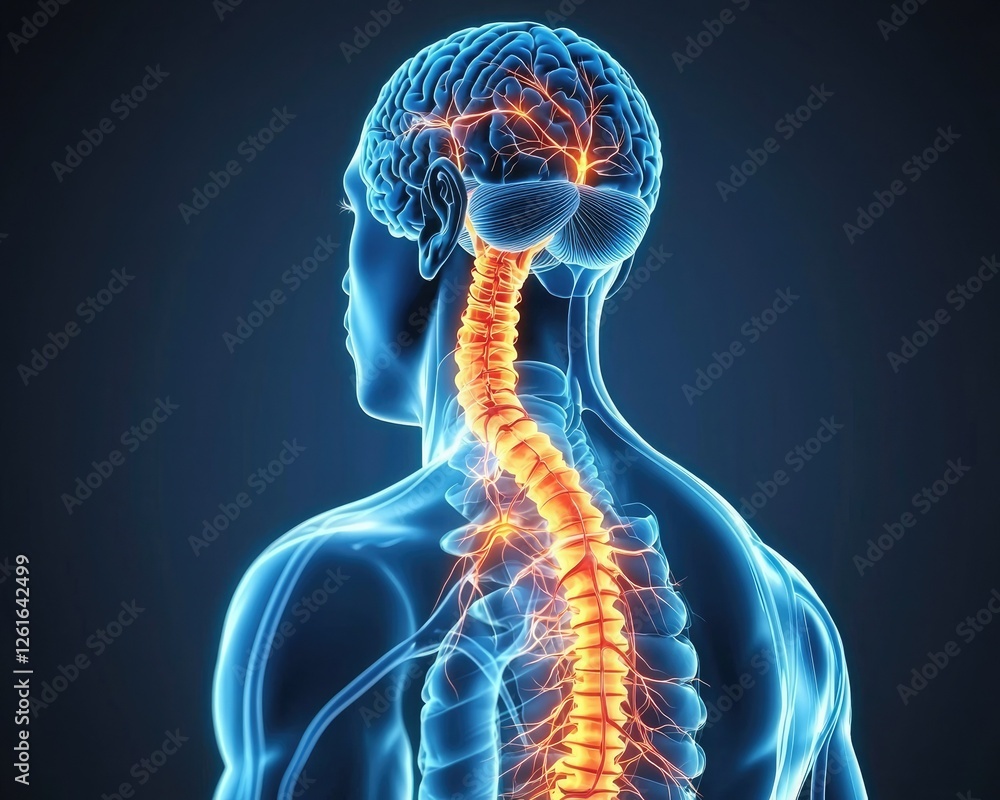 A glowing illustration of the human brain and spinal cord, showcasing neural connections and anatomy in a vibrant blue and orange color scheme. A glowing illustration of the human brain and spinal cord, showcasing neural connections and anatomy in a vibrant blue and orange color scheme.