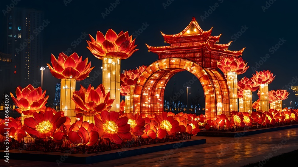 Obraz premium Radiant lotus and pavilion display illuminates the evening cityscape