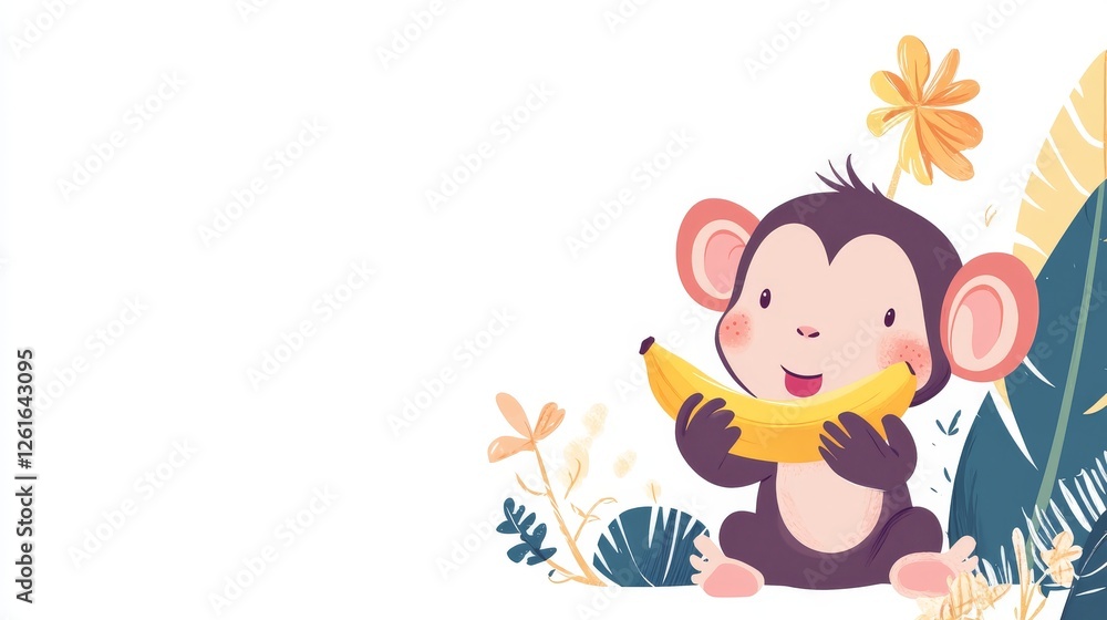 61.Kids illustration with a cute monkey eating a banana and text isolated on white background in vector 61.Kids illustration with a cute monkey eating a banana and text isolated on white background in vector
