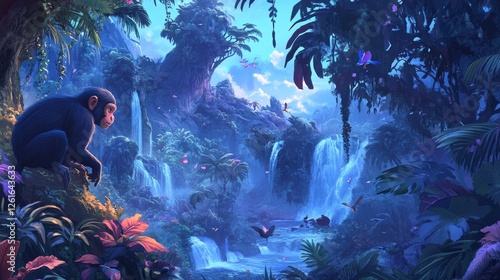 94.Playful jungle illustration featuring funny monkeys interacting in a tropical forest, with elements like waterfalls, tropical birds, and vividly detailed plant life. photo