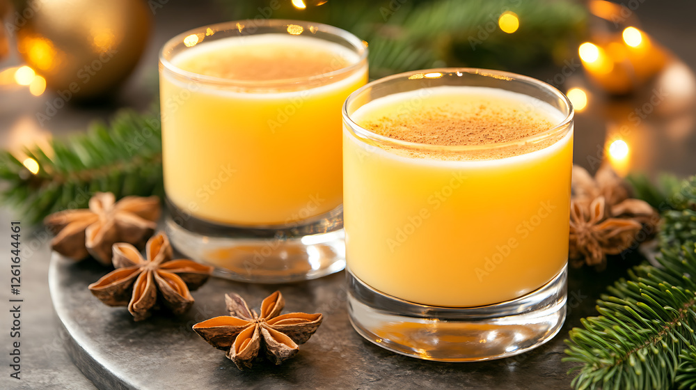 Festive Holiday Eggnog Drinks with Cinnamon and Star Anise Christmas Celebration Still Life Festive Holiday Eggnog Drinks with Cinnamon and Star Anise Christmas Celebration Still Life