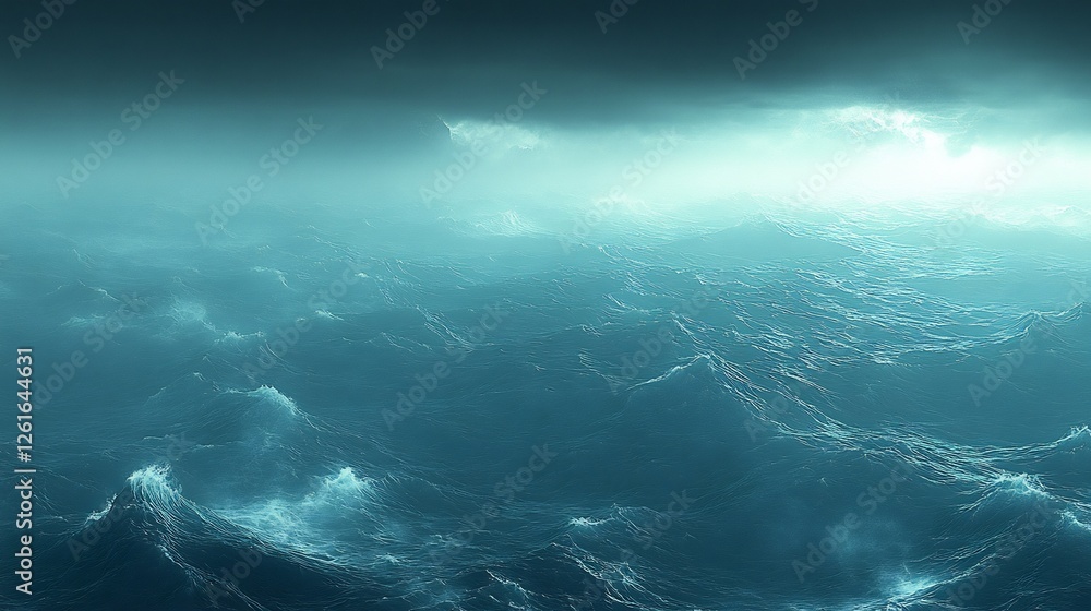 Naklejka premium Moody teal ocean waves surge powerfully under a dramatic stormy sky. AI Generated