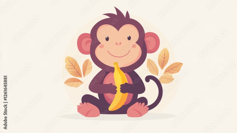76.Flat vector illustration of a happy monkey with a banana, featuring smooth shading and bold outlines, isolated on a plain white backdrop for versatile use. 76.Flat vector illustration of a happy monkey with a banana, featuring smooth shading and bold outlines, isolated on a plain white backdrop for versatile use.
