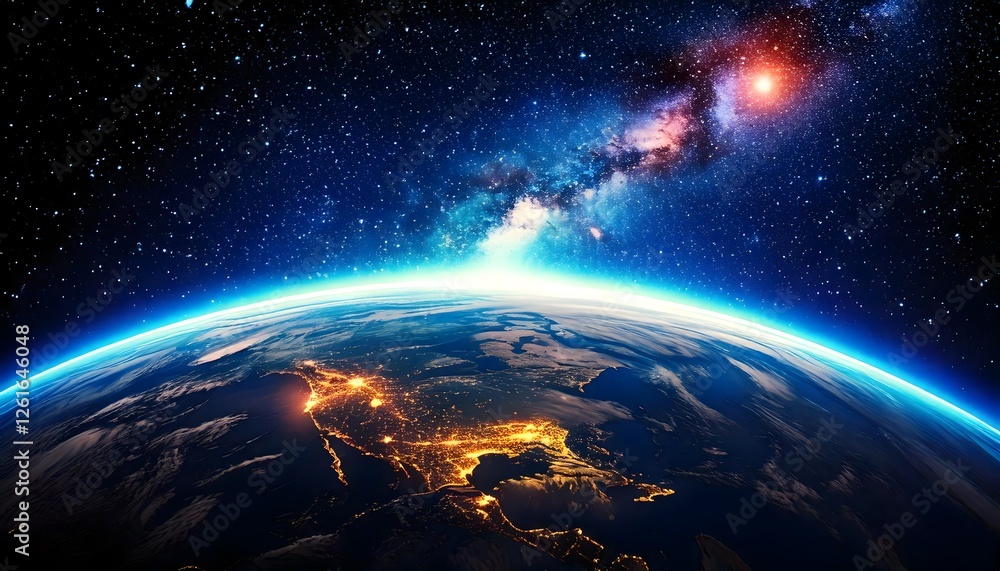 Obraz premium Breathtaking view of Earth from space with glowing city lights and the Milky Way in the background