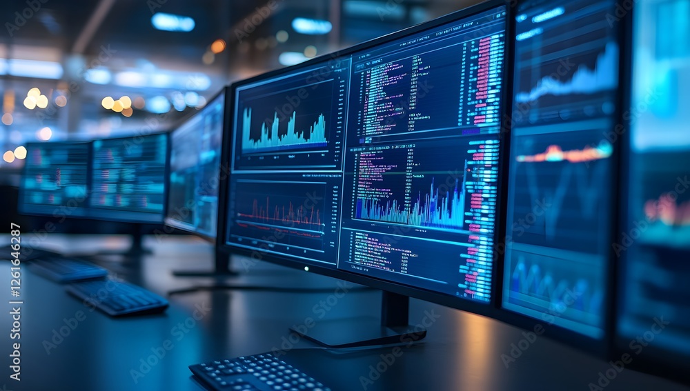 Multiple monitors displaying financial data in a control room Multiple monitors displaying financial data in a control room