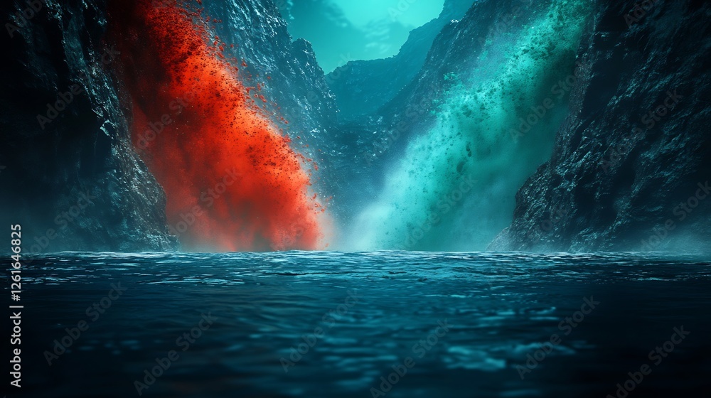 Fiery red and teal waterfalls dramatically clash in dark canyon. AI Generated Fiery red and teal waterfalls dramatically clash in dark canyon. AI Generated
