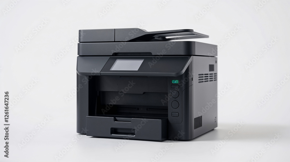 Modern multifunction printer standing on white background Modern multifunction printer standing on white background