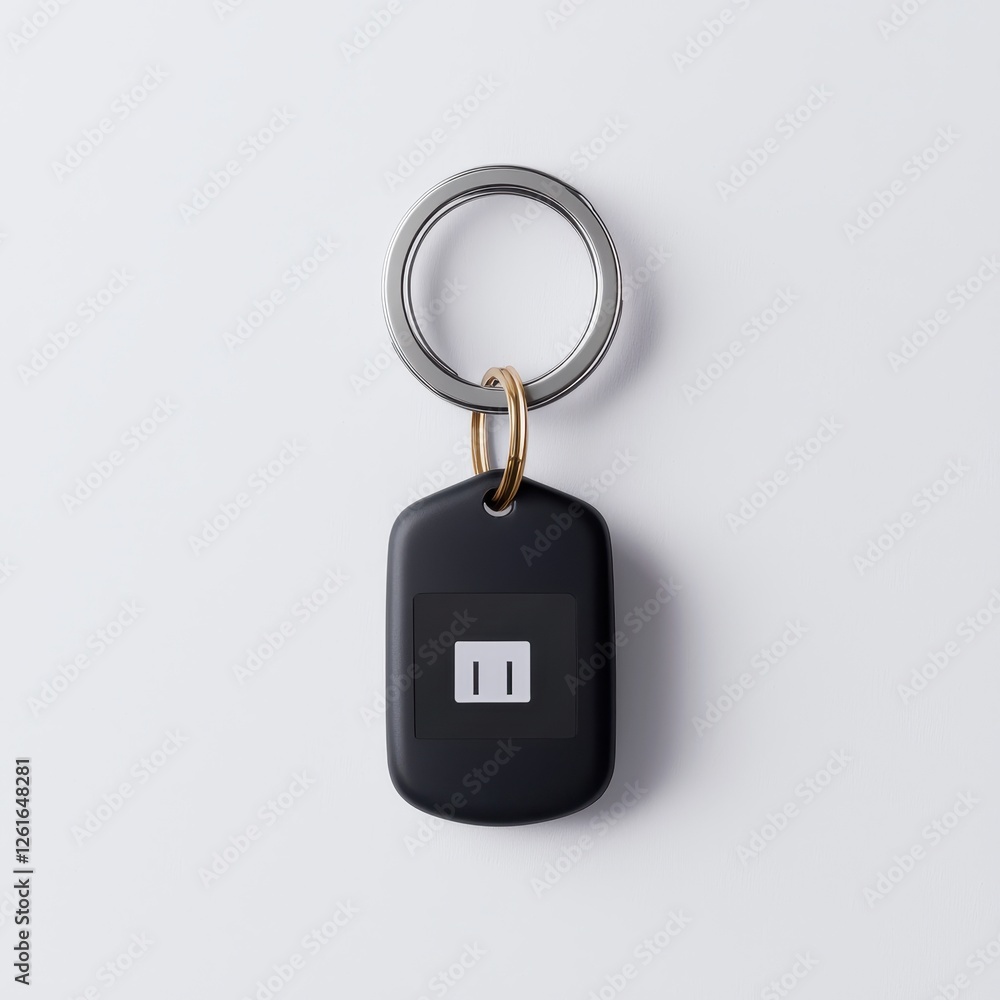 Financial inclusion and Fintech concept of digital payment. Keychain with a modern black tag featuring a power outlet symbol on a minimalist background Financial inclusion and Fintech concept of digital payment. Keychain with a modern black tag featuring a power outlet symbol on a minimalist background