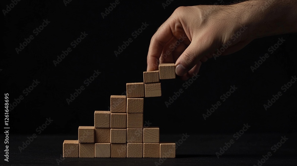 Symbolic image of a hand strategically placing wooden blocks in a stair-like structure, representing growth, business development, leadership, and success, set against a dark background Symbolic image of a hand strategically placing wooden blocks in a stair-like structure, representing growth, business development, leadership, and success, set against a dark background