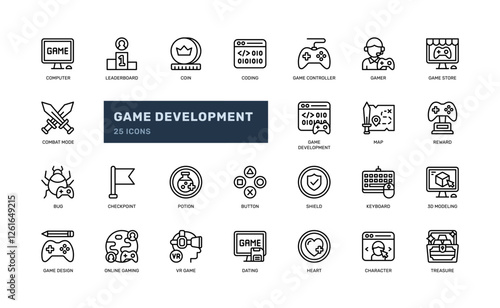 game development gaming coding project studio outline line icon set