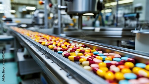 Pharmaceutical capsules on automated conveyor belt in factory photo