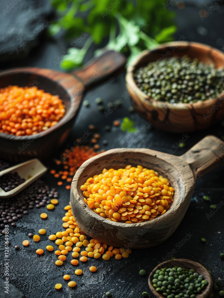A variety of colorful lentils displayed in wooden bowls on a textured surface. A variety of colorful lentils displayed in wooden bowls on a textured surface.