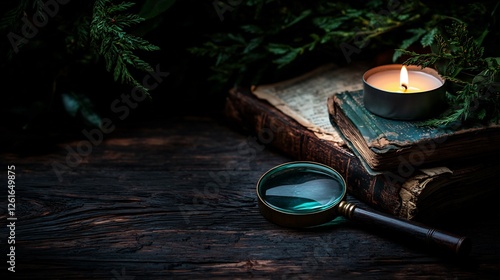 Antique Magnifying Glass and Burning Candle on Old Books with Dark Wooden Background