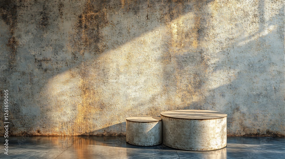 Warm sunlight illuminates rustic concrete backdrop featuring two cylindrical display platforms. AI Generated Warm sunlight illuminates rustic concrete backdrop featuring two cylindrical display platforms. AI Generated
