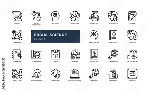 social science social education university literature outline line icon set