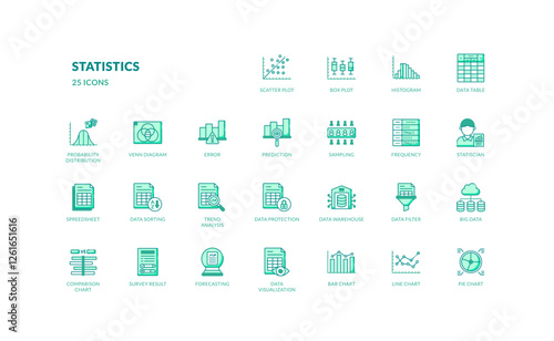 statistic data insight presentation analysis green filled line icon set