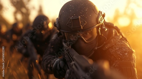 Soldiers in Action During Combat in Warm Sunset Light. Generative AI photo