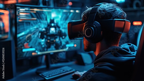 Wallpaper Mural Gamer plays VR game at night, neon lights Torontodigital.ca