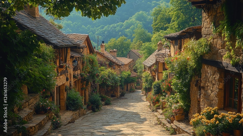 A picturesque quiet cobblestone village street surrounded by lush greenery and charming stone houses. Generative AI A picturesque quiet cobblestone village street surrounded by lush greenery and charming stone houses. Generative AI