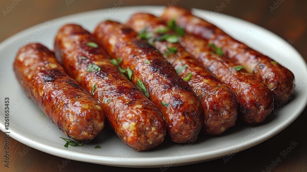 Close-up shot of freshly grilled sausages served on a plate with herbs. Generative AI Close-up shot of freshly grilled sausages served on a plate with herbs. Generative AI