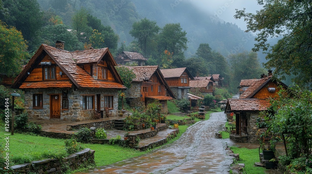 A scenic view of a rain-soaked mountain village. Generative AI A scenic view of a rain-soaked mountain village. Generative AI