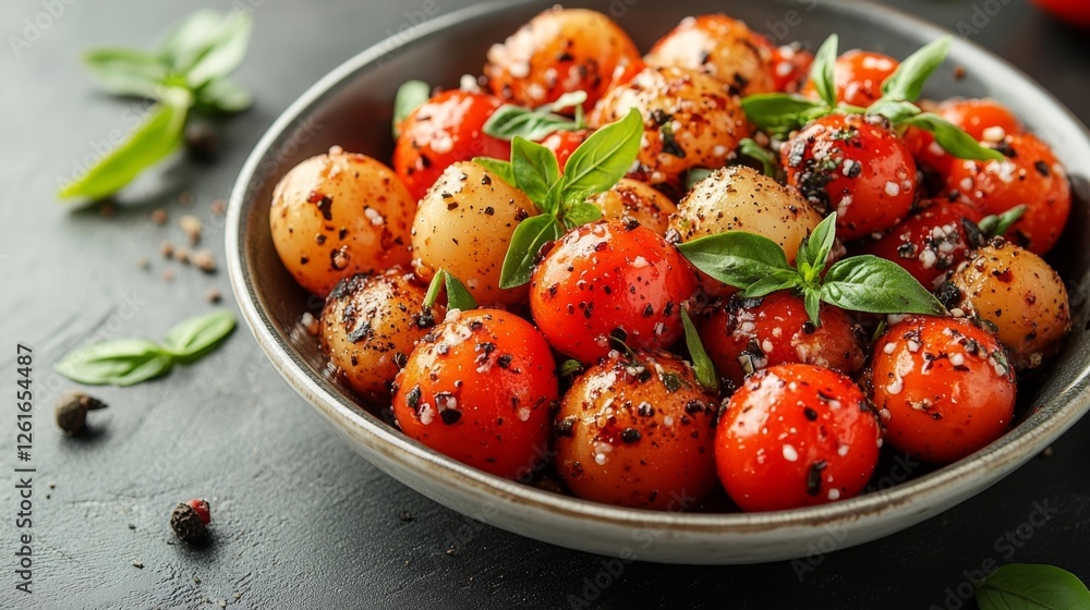 Bowl of Fresh Cherry Tomatoes with Basil and Spices. Generative AI Bowl of Fresh Cherry Tomatoes with Basil and Spices. Generative AI