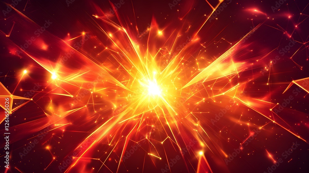 Fototapeta premium Abstract orange fractal exploding with shining lines and particles