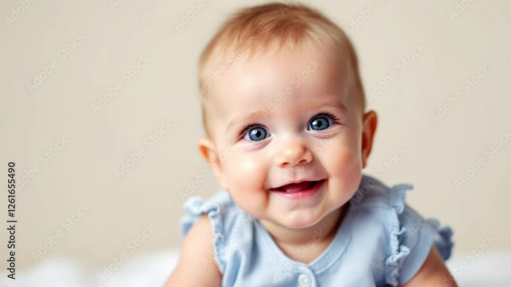 Close-Up of Joyful Baby with Sparkling Eyes in Light Blue Romper – Gentle Smile and Happiness Close-Up of Joyful Baby with Sparkling Eyes in Light Blue Romper – Gentle Smile and Happiness