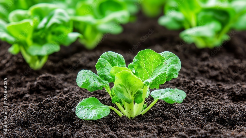 Growing lettuce seedlings in rich soil garden plant photography outdoor close-up sustainable agriculture Growing lettuce seedlings in rich soil garden plant photography outdoor close-up sustainable agriculture